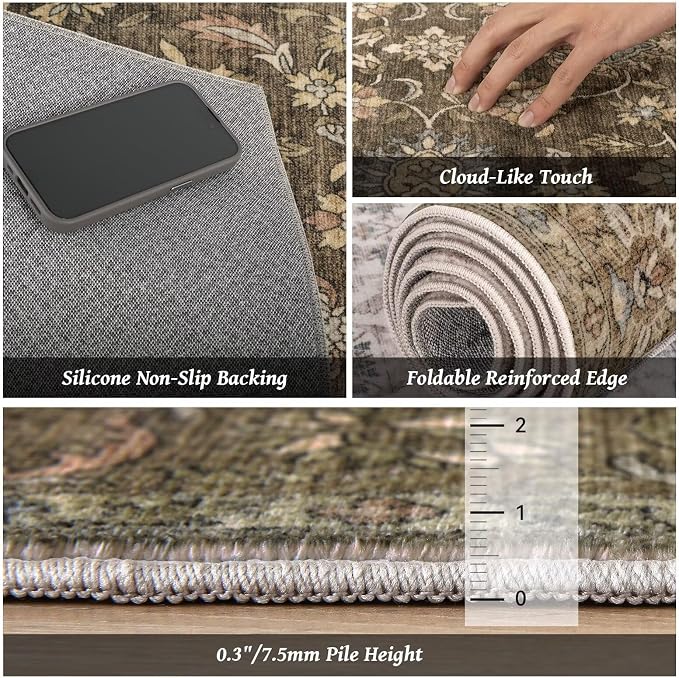 Boho Washable 6x9 Area Rugs for Living Room, Cushioned, Tan/Flaxen | Vintage Non-slip Neutral Oriental Rugs for Bedroom Dining Room Nursery Office High Traffic Area