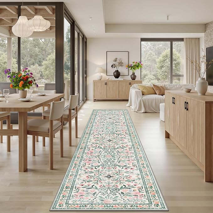 Runner Rug for Entryway: 2x5 Kitchen Rugs Non Slip Washable Ultra-Thin Soft Floral Carpet Indoor Floor Stain Resistant Carpets for Hallway Bedroom Kitchen Laundry Bathroom Dorm Green/Beige