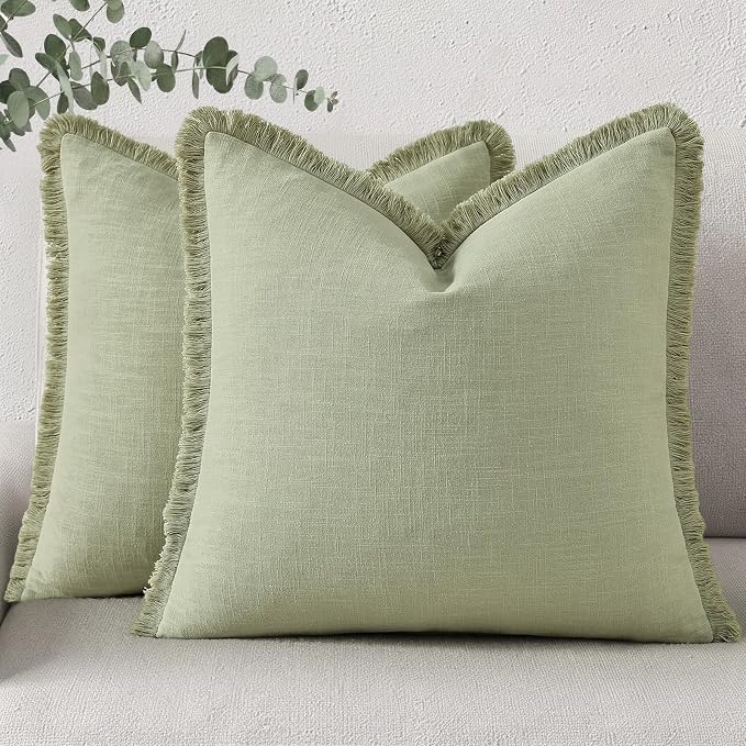 decorUhome Linen Fringe Sage Green Throw Pillow Covers 20x20 Set of 2 | Decorative Soft Accent Modern Boho Farmhouse Cushion Covers with Tassels Cotton Pillow Covers for Couch Bed Sofa