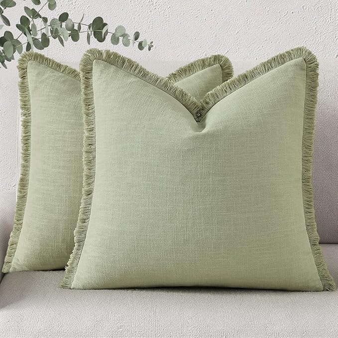 decorUhome Linen Fringe Sage Green Throw Pillow Covers 16x16 Set of 2 | Decorative Soft Accent Modern Boho Farmhouse Cushion Covers with Tassels Cotton Pillow Covers for Couch Bed Sofa