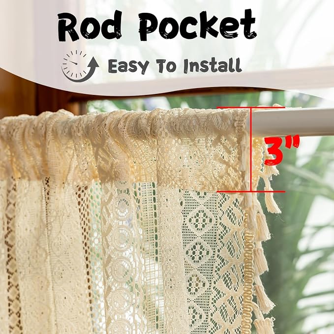 Sutuo Home Beige Boho Short Curtains for Kitchen Window Curtains Over Sink,Sheer Lace Crochet Bohemian Valance Privacy Vintage Chic Tassels Rustic Small Window Decor Rod Pocket,2 Panels 50" W x 18" L