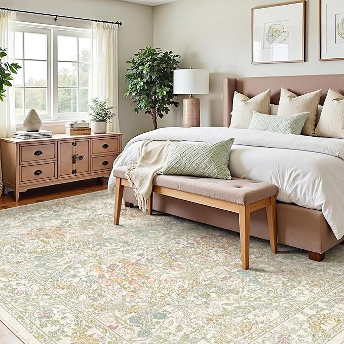 Washable Sage Green 5x8 Area Rug for Large Entryway, Living Room, Kids Room, Boy Nursery Room, Bedroom Rug - Vintage Oriental Low Pile Non Slip & Stain Resistance (5x8 Beige Green)
