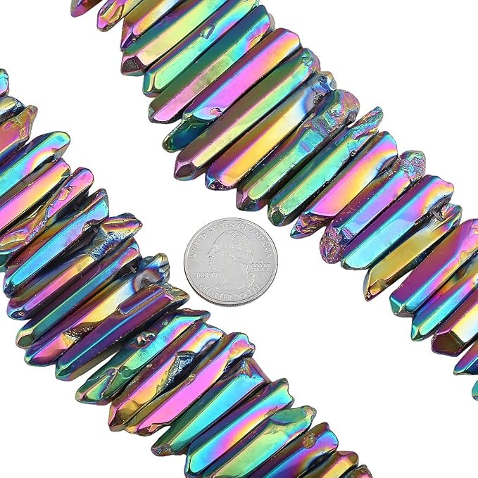 SUNYIK Rainbow Aura Titanium Coated Crystal Points Quartz Polished Sticks Spikes Point Beads 15 inch Strand Drilled