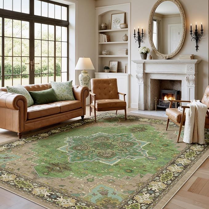 AMADA HOMEFURNISHING 5x7 Area Rug for Living Room, Vintage Washable Area Rug Low-Pile & Non-Slip Carpet for Bedroom Dining Room Nursery Home Office, Green
