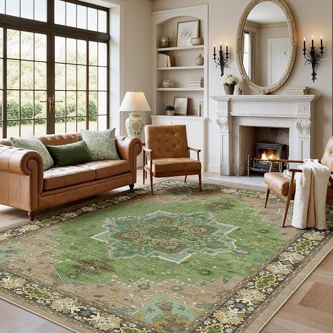 AMADA HOMEFURNISHING 6x9 Area Rug for Living Room, Vintage Washable Area Rug Low-Pile & Non-Slip Carpet for Bedroom Dining Room Nursery Home Office, Green