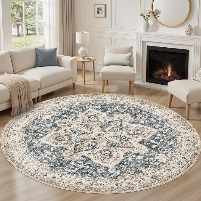 Tortania 5' Round Area Rug Living Room Rugs - Washable Boho Rug Vintage Oriental Distressed Farmhouse Large Thin Indoor Carpet for Bedroom Under Dining Table Home Office - Cream/Blue