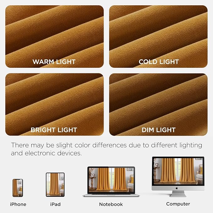 Joydeco 100% Blackout Velvet Curtains Mustard Yellow 96 Inch Grommet Top | Luxury Thermal Insulated Velvet Curtains for Bedroom Living Room, Soundproof Blackout Window Drapes
