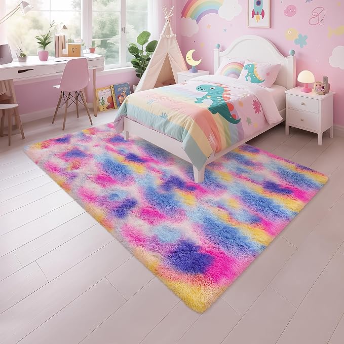 Rainbow Area Rugs 5x8 ft,Tie-Dyed Unicorn Fluffy Fuzzy Shaggy Carpet Soft Plush Furry Rug,for Bedroom Living Room Indoor Floor Rug Kids Girls Boys Home Decor Aesthetic, Dorm Nursery