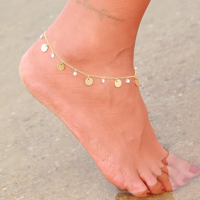 LOYATA Dainty Ankle Bracelet,14K Gold Plated Tiny Bead Anklet Dainty White Cubic Zirconia Cross Tassel Foot Chain Cute Lucky Moon Evil Eye Foot Jewelry Boho Anklets for Women