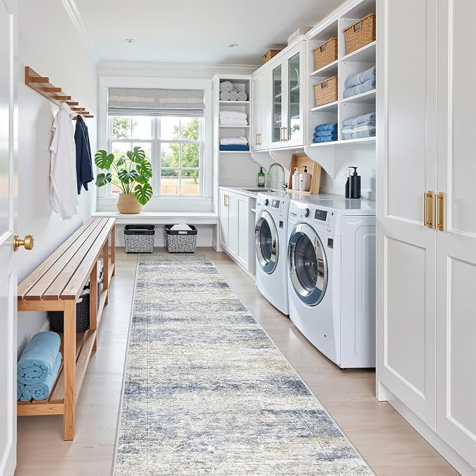 2x12 Runner Rug Non Slip,Washable Hallway Runner Rug,Blue | Long Neutral Rugs for Kitchen,Entryway,Bedroom,Bathroom,Laundry Room,Thin,Soft Runner Rug,Stain Resistant Indoor Carpet