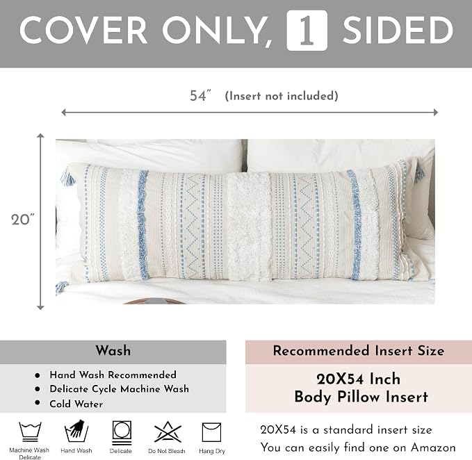 BlissBlush 20X54 Oversized Large Lumbar Pillow Cover for Bed, Rectangular Long Decorative Throw Pillowcase, Cotton Boho Accent Cushion with Blue Tufted Pattern and Tassels, Cream Neutral (Cover Only)