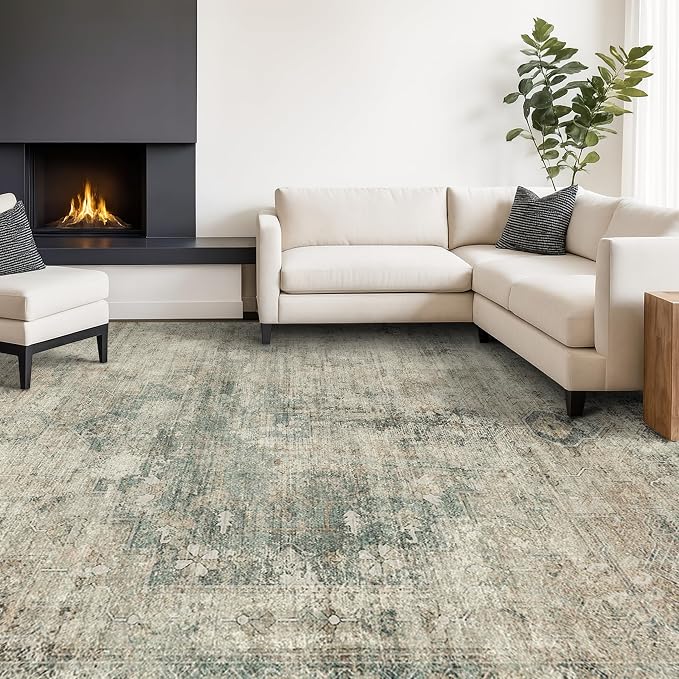 Washable Moss Green 9x12 Rug for Living Room -Modern Large Rug for Bedroom, Dining Room Under Table, Non Slip &Soft Low Pile Farmhouse Carpet