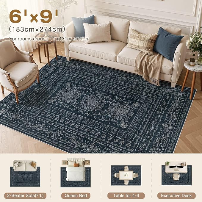 Nakagishi 6x9 Area Rugs Living Room: Washable Large Vintage Rug Neutral Non-Slip Soft Stain Resistant Indoor Carpet for Bedroom Nursery Dining Room Office Playroom - Navy