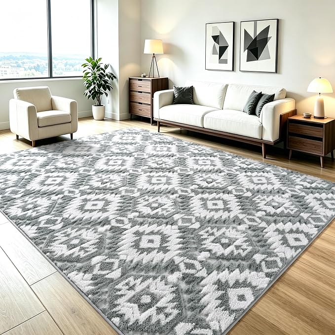 Macgace Ultra Soft Area Rug for Living Room, 5x7 Grey and White Shag Rugs | Washable Non-Slip Backing Medium Pile Modren Geometric Fuzzy Carpet for Kids Room, Girls Bedroom, Classroom, Dorm