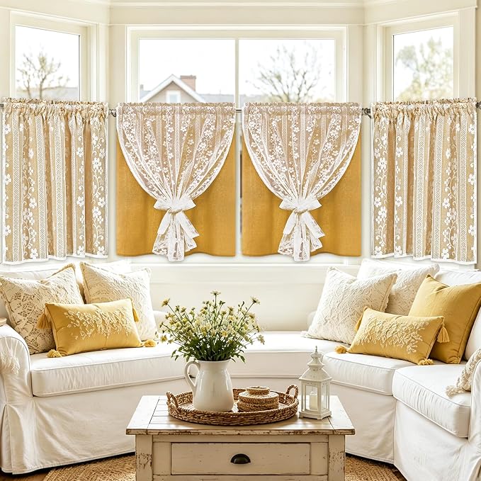 ASPMIZ Linen Kitchen Curtains Double Layer Kitchen Window Curtains Over Sink 36 Inch Mustard Yellow Tier Curtain Light Filtering Rod Pocket Cafe Curtain Short Window Treatments with 2 Tiebacks, 26x36