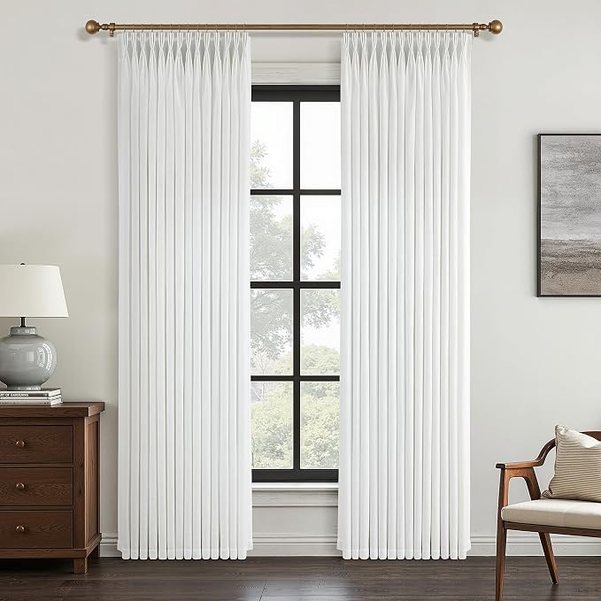 Beige White Thick Linen Semi Sheer Curtains 84 Inches Long for Living Room Bedroom 2 Panels Set Memory Shape Trained Pinch Pleated Curtains Light Filtering Privacy Window Curtain & Drapes 84 Inch