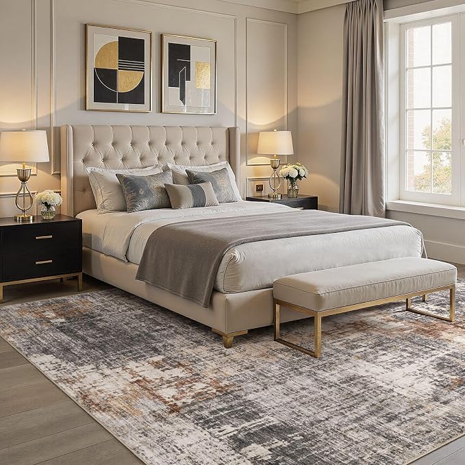 DMOYEST Area Rug Living Room Rugs - 10x12 Washable Large Soft Indoor Neutral Modern Abstract Low Pile Rug Carpet for Bedroom Dining Room Farmhouse Home Office - Grey Brown