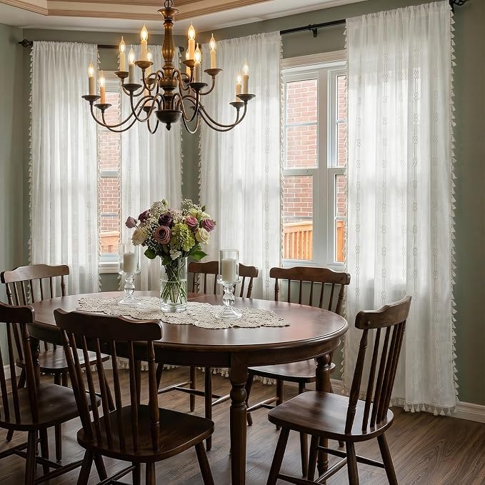 ColorBird White Boho Curtains Linen-Textured Light Filtering for Living Room Bedroom 84 Inches Farmhouse Embroidered Striped Whimsical Curtains & Drapes Window Treatment for Nursery Dining Room