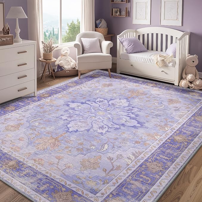 RELEANY Area Rugs 8'x10' Washable Non-Slip, Floral Vintage Distress Medallion Carpet for Living Room Bedroom Dining Room, Light Purple Brown