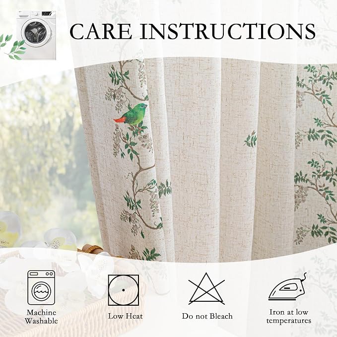 MYSKY HOME Boho Curtains for Living Room Linen Blend Leaf Bird Printed Curtains & Drapes 72 inches Length Farmhouse Room Decor Style Light Filtering Back Tab for Dining Room, Green, 50" x 72", Pack-2