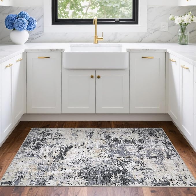 ROYHOME Modern Scalloped Abstract 2x3 Area Rug Non Slip Non Shedding Low Pile Stain Resistant Rug for Entryway Kitchen Bedroom,Black Yellow