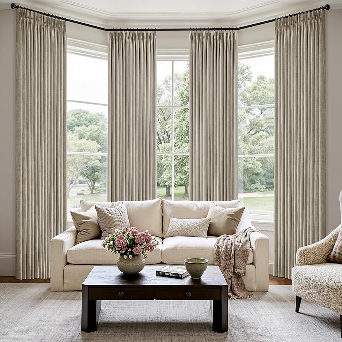 MIULEE Pinch Pleated Thick Linen Curtains 96 Inch 4 Panels Set Back Tab Memory Trained Pinch Pleat Semi Sheer Light Filtering Privacy Let Light in Window Drapes for Living Room Bedroom Grey Beige