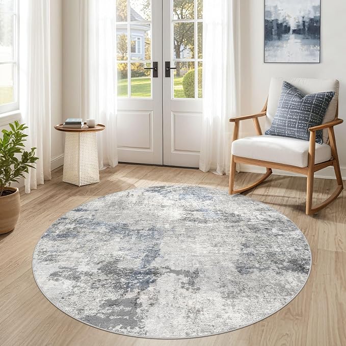 DMOYEST 5ft Round Area Rug for Living Room - 5x5 Washable & Non Slip Circle Rug, Kid & Pet Friendly Soft Low Pile Abstract Carpet for Bedroom and Dining Room - Grey Blue