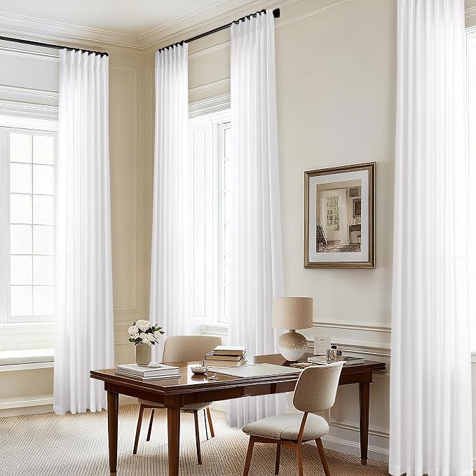 White Pleated Linen Curtains 108 Inches Long Extra Long Semi Sheer | Light Filtering, Ceiling to Floor, Pleated Drapes 108 Inch Length, Back Tab Curtain, for Living Room Bedroom, 1 Panel