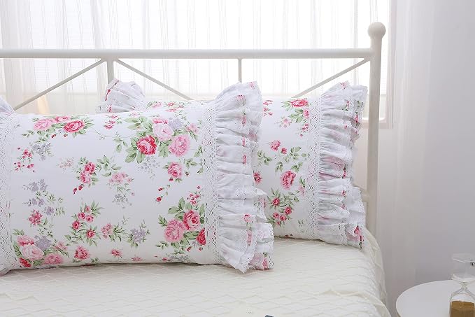 2-Pack Rose Floral Print Pillow Shams with Lace Ruffles Shabby Chic Queen Size Pillowcases 20 x 30 Country Vintage Style
