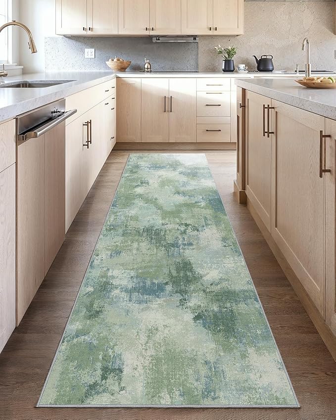Runner Rugs for Hallway 2'6"x8', Modern Abstract Machine Washable Runners for Kitchen Entryway Bathroom Bedroom, Low Pile Lightweight Thin Non Slip Runner Rug, Green