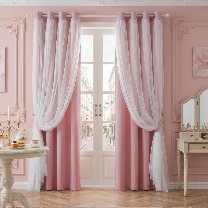 MYSKY HOME Pink Blackout Curtains for Girls Bedroom & Nursery Kids Blush Princess Double Layer Drapes, Polka Dots Sheer, Grommet Tops, 52x84 Inch, 2 Panels