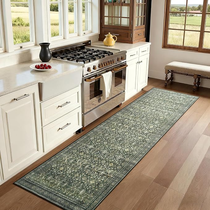 Lofus 3' X 12' Area Rug for Hallways,Green Washable Runner Rugs with Non Slip Rubber Backing, Low Pile Soft Carpet Runner for Kitchen Bathroom Bedroom Laundry