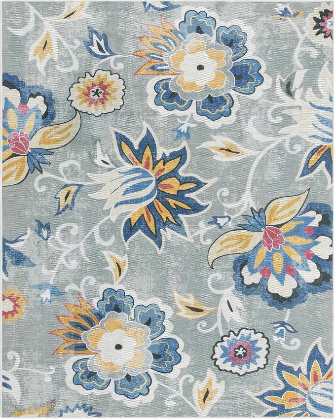Lahome Floral Indoor Outdoor Rug 8x10, Non Slip Outdoor Patio Rug for Camping Picnic, Portable Large Outdoor Rugs for Balcony Deck Backyard, RV Mat Outdoor Carpet for Living Room Bedroom,Multi