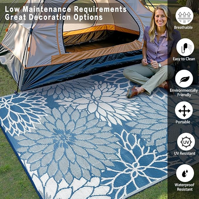HUGEAR 5'x8' Outdoor Rug Waterproof Plastic Straw Rugs Blue Reversible Floral Mat Floor Carpet for Camping RV Deck Entryance Porch Picnic Balcony Beach Backyard