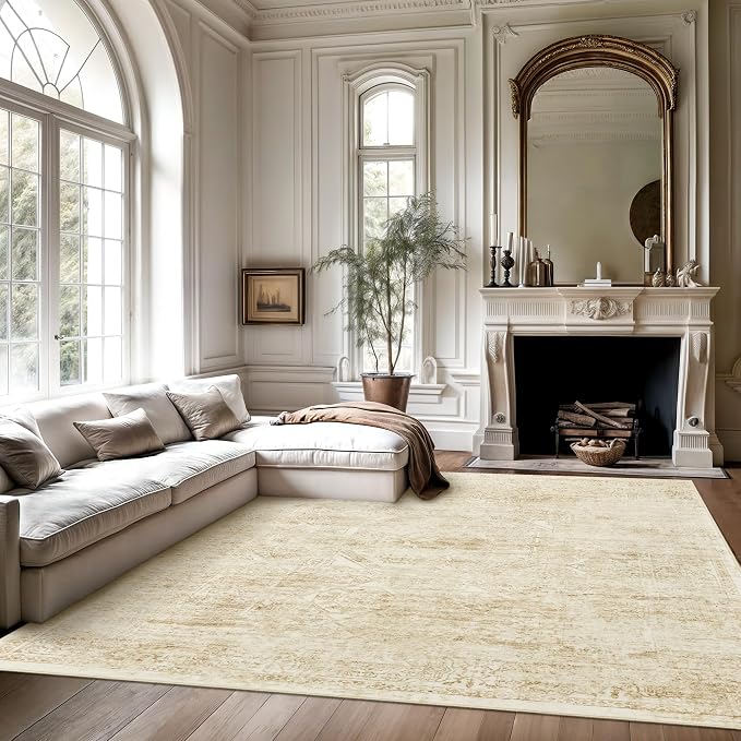 Soalmost Washable Area Rug 8x10, Large Soft Rugs for Living Room Vintage Beige 8x10 Area Rugs for Bedroom Dining Room Floral Non-Slip Thin Rug