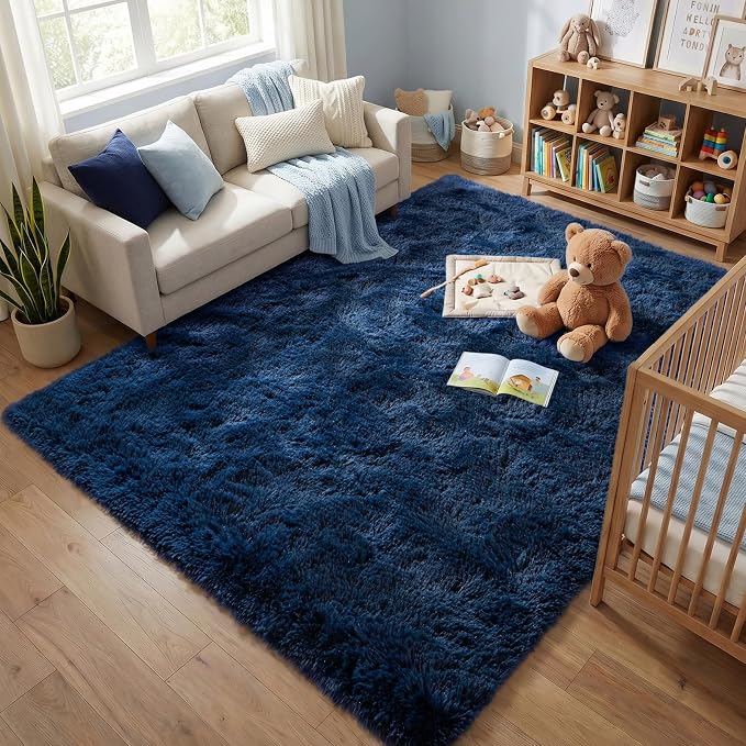 Fluffy Rugs for Living Room: Navy Blue Soft Shag Rug for Bedroom, Large Fuzzy Plush Indoor Carpet Non Slip Modern Rug for Nursery Kids Room Dorms Office Home Decor, 7x10 Feet