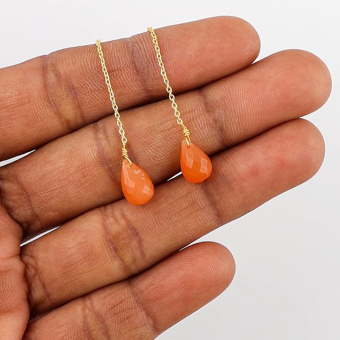 Natural Gemstone Threader Earrings for Women - Dainty 2mm Faceted Beads - Birthstone Crystal Drop Earrings - Silver Plated Healing Jewelry