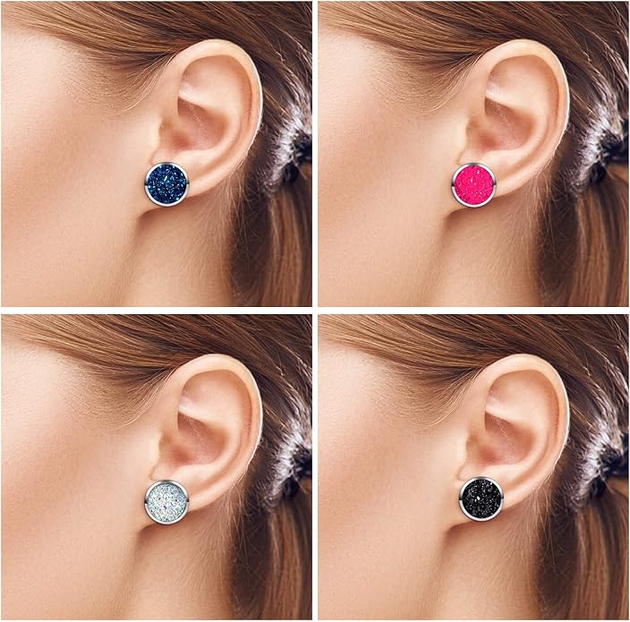 Epakh 64 Pairs Faux Druzy Stud Earrings Set Stainless Glitter Pierced Earrings for Women, 32 Colors