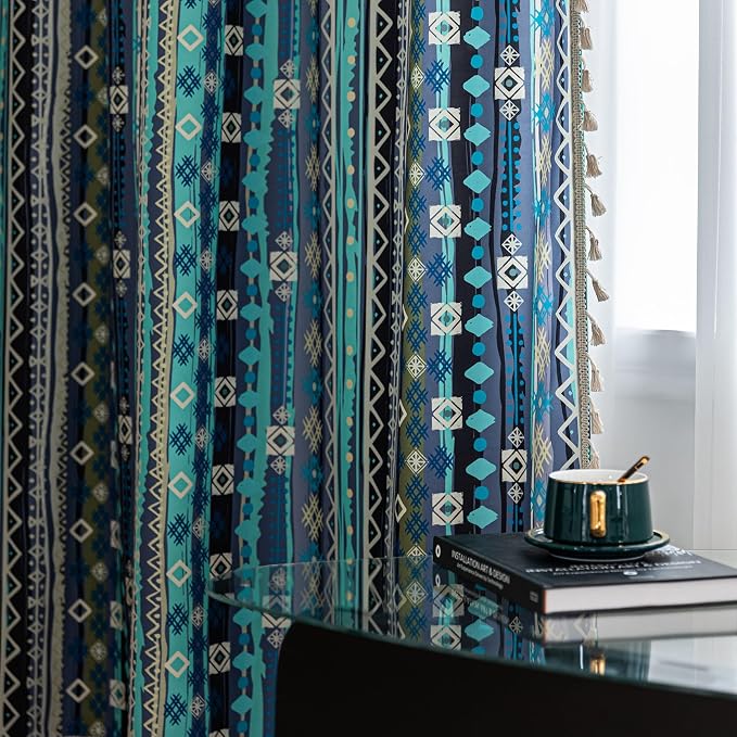 Navy Blue Geometric Curtains 63 Inches Long, Boho Farmhouse Light Filtering Rod Pocket Drapes with Tassel Trim for Bedroom Living Room, 2 Panels