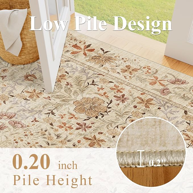 DUKINO 2x4 Rug, Washable Vintage Floral Bathroom Runner Rug, Beige | Non Slip, Low Pile, Stain Resistant, Aesthetic Lightweight Soft Indoor Carpet for Kitchen Entryway Hallway Bathroom Bedroom