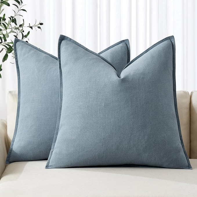 MIULEE Decorative Linen Pillow Covers 20x20 Inch Blue Grey | Boho Farmhouse Neutral Couch Throw Pillows for Bed, Pack of 2 Accent Coastal Modern Pillowcases, Sofa Livingroom Home Decor
