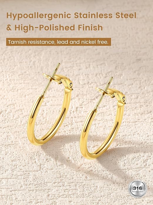KeyStyle Gold Hoop Earrings for Women, Stainless Steel Hoops Earring Lightweight Loops, 2 mm Thick Hypoallergenic Circle Endless Thin Hoop (20/30/40/50/60/70/80/90/mm)