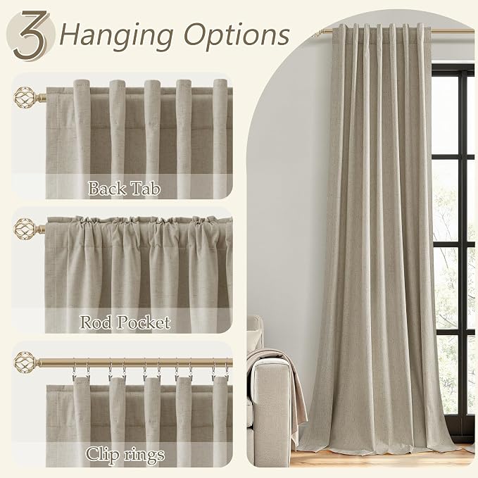 Guken 100% Blackout Linen Curtains for Bedroom 96 inches Long 8 FT, Thermal Insulated Room Darkening Black Out Window Drapes for Living Room, Back Tab Rod Pocket 2 Panels Set,Stone Beige,52x96