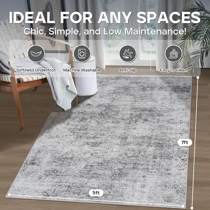 5x7 Area Rugs for Living Room Rug Washable: Modern Rug for Dining Room Bedroom Carpet Non Slip Low Pile 5 by 7 Indoor Abstract Nursery Home Office Grey
