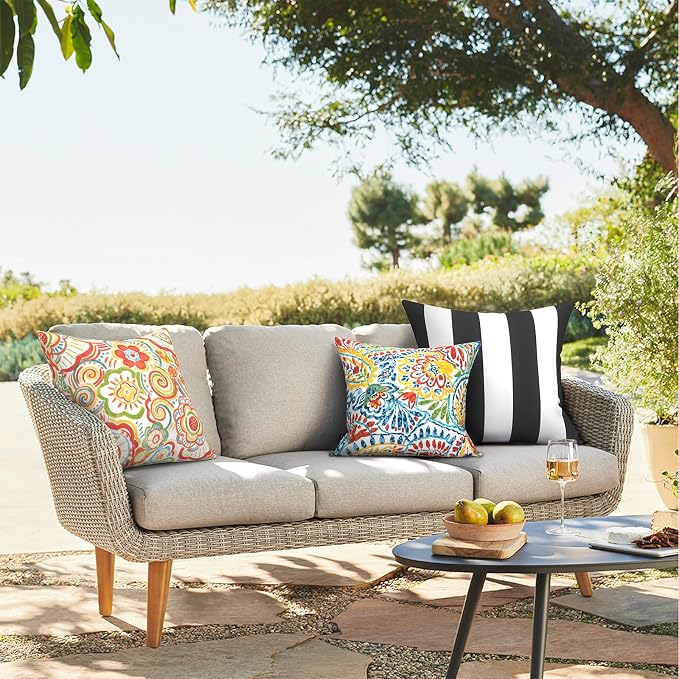 Outdoor Throw Pillows 16x16 Inch, Water Repellent Patio Pillows with Inners Set of 2 for Patio Furniture Home Garden, Flower Multi