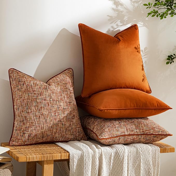 a moment Orange 4 Pack Throw Pillow Covers - Chenille & Velvet Set with Piping, Farmhouse Textured Design Pillow Cases for Couch Sofa Bed Livingroom (22x22 Inch, No Insert)