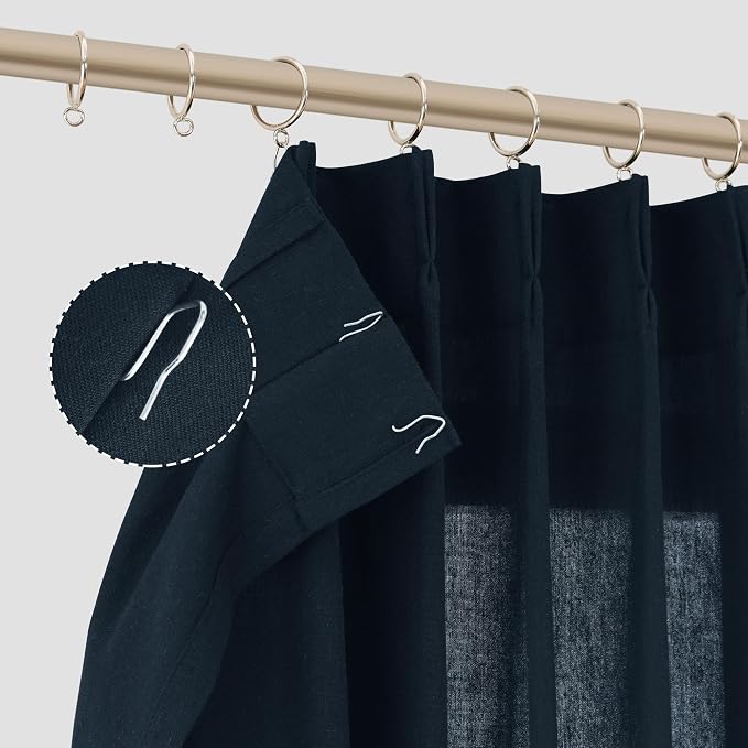 Navy Blue Pinch Pleated Linen Curtains 108 Inches long for Living Room 2 Panels Set Flax Pleat Drapes Back Tab Semi Sheer Neutral Boho Ceiling to Floor 108 Inch Curtains for Bedroom Window 9 FT 40x108