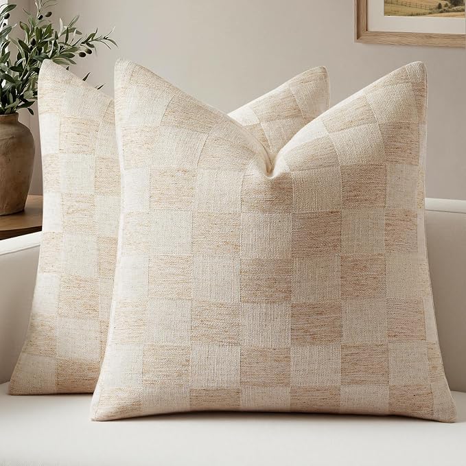 a moment Set of 2 Decorative Linen Throw Pillow Covers,Large Grid Textured Neutral Boho Farmhouse Cushion Covers,Soft Aesthetic Pillowcases for Couch Sofa Living Room Home Decor,20x20 Inch,Natural