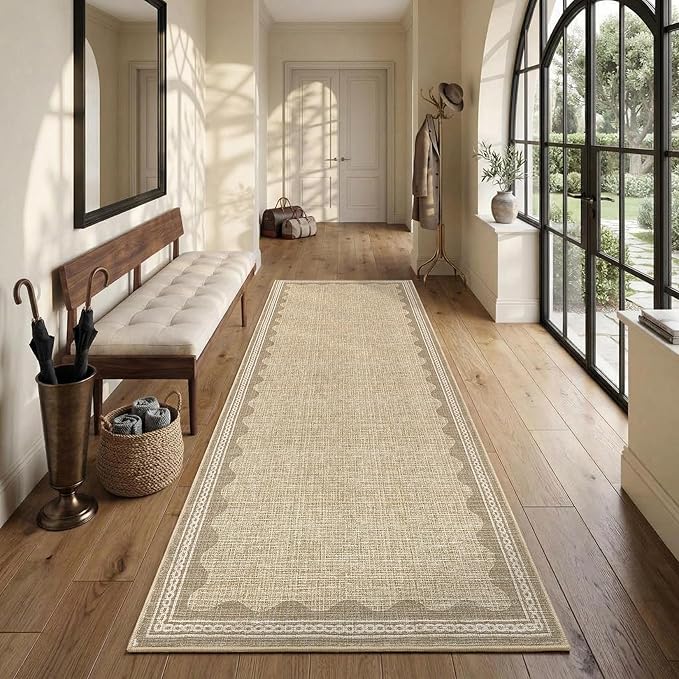 GarveeHome Scalloped 2x10 Runner Rug for Hallway Washable Kitchen Rugs Non Slip Solid Tan Jute Digital Printing Modern Soft Low-Pile Rugs for Entryway Laundry Room Floor Mats