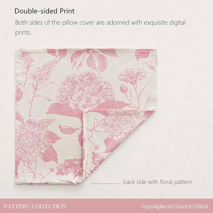 Foindtower Set of 2 Linen Floral Throw Pillow Covers Neutral Vintage Print Decorative Cozy Cushion Covers Farmhouse Boho Home Decor for Sofa Chair Couch Bedroom Living Room,18×18 Inch,Light Pink